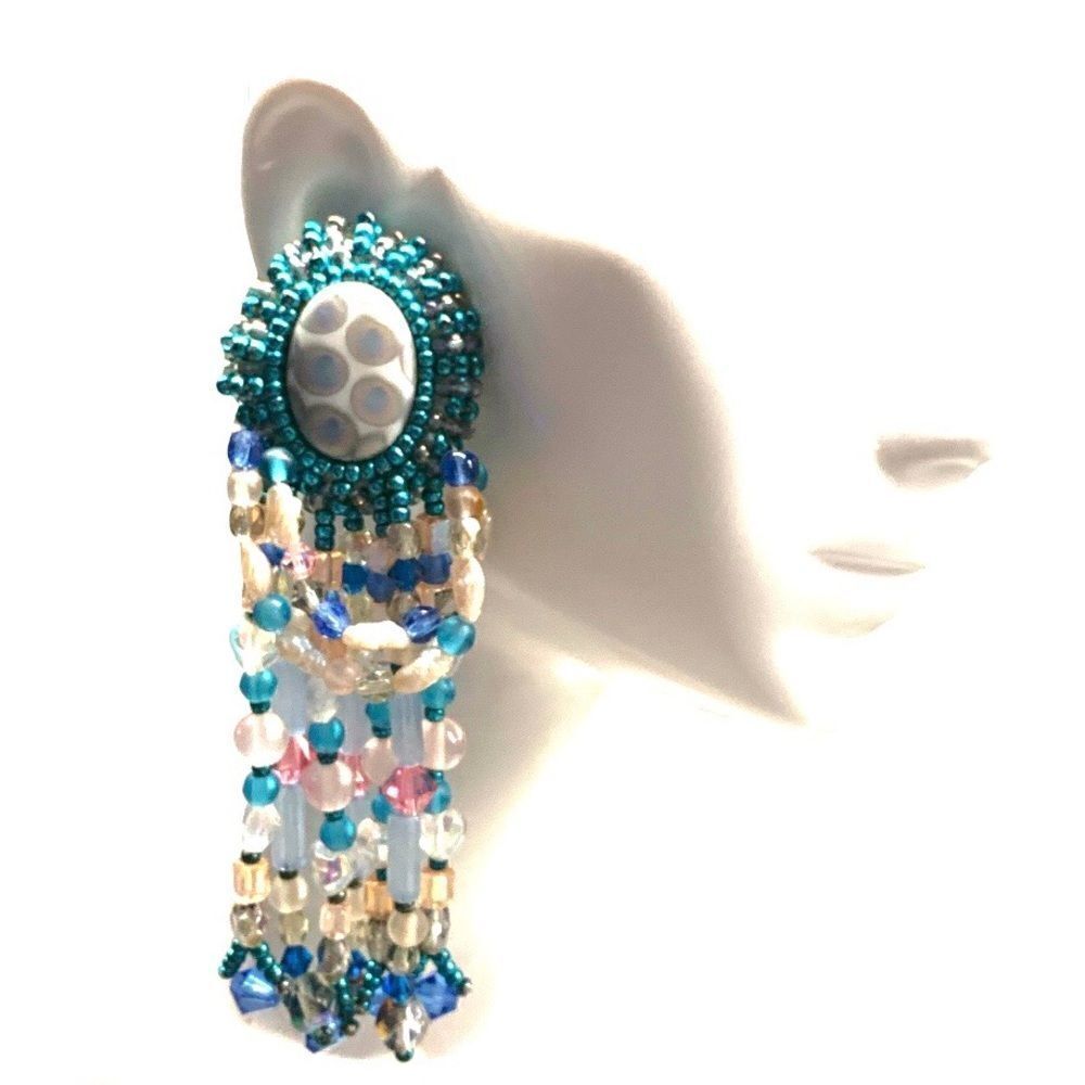 Blue pink ab iridescent festoon chandelier hand beaded large pierced earrings